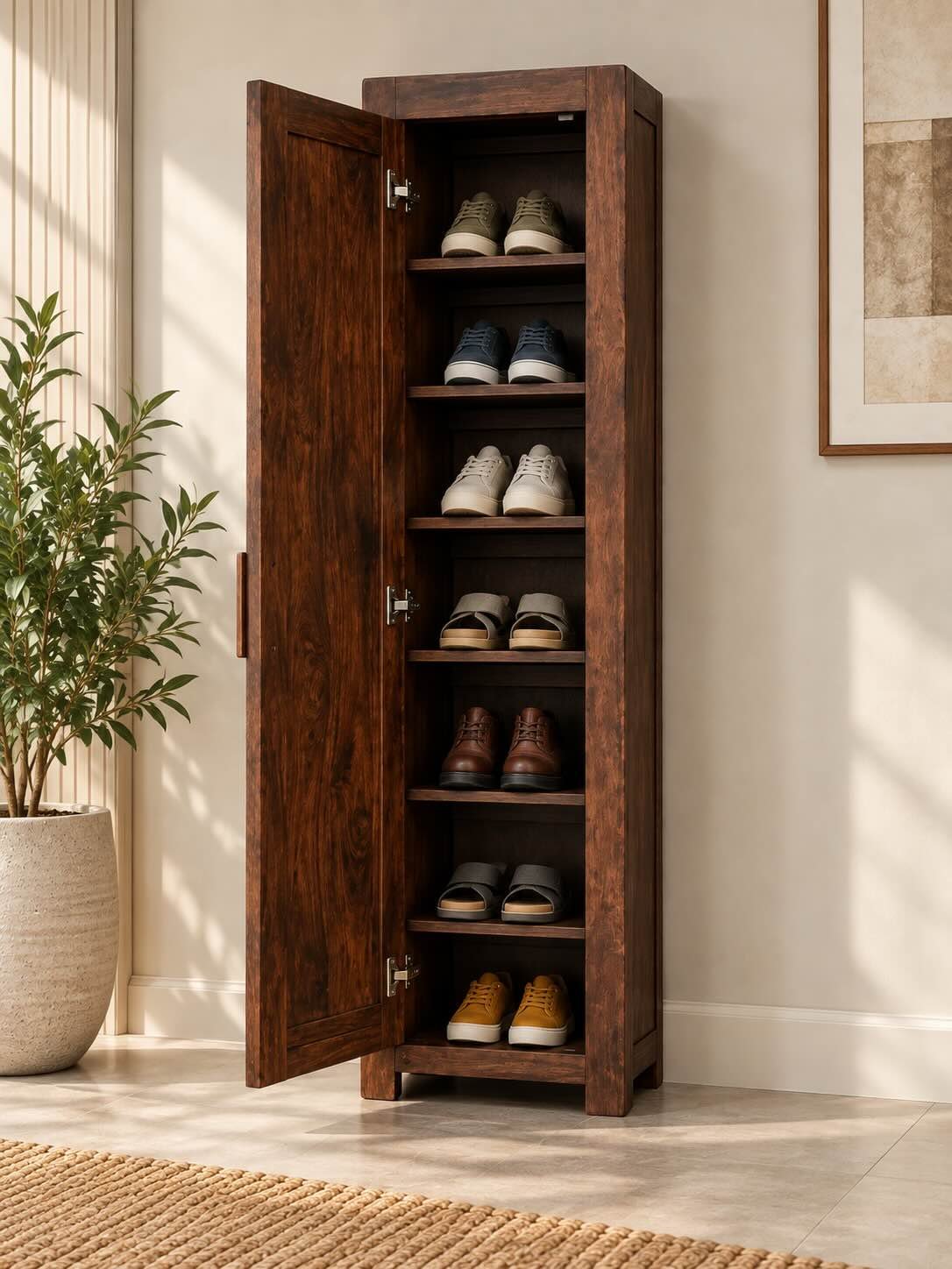 Avenor Sheesham Wood Tall Shoe Cabinet with 8 Shelves in Walnut Finish Sheesham Wood Shoe Cabinet with 1 door and 8 shelves in walnut finish.