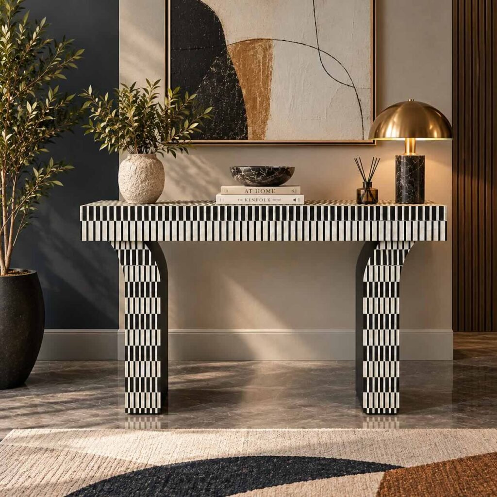 Bone Inlay Console Table with black and white geometric stripes, rectangular tabletop and sculptural arched wooden legs.