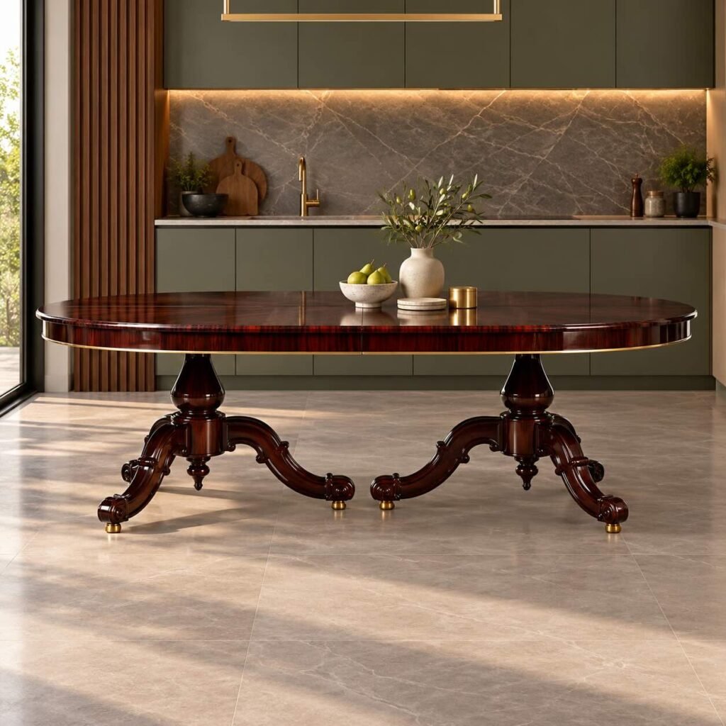 Solid Wood 6 Seater Dining Table in dark brown finish with elongated oval tabletop and ornate double pedestal curved legs