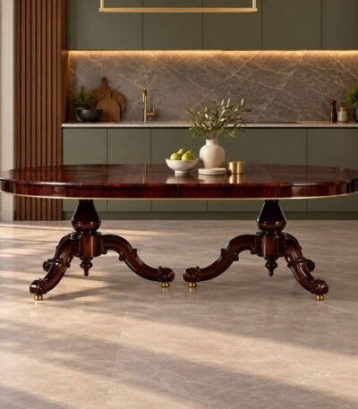 Solid Wood 6 Seater Dining Table in dark brown finish with elongated oval tabletop and ornate double pedestal curved legs