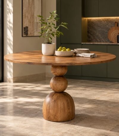 Solid Wood Round Dining Table in natural brown finish with circular tabletop and sculptural stacked wooden sphere pedestal base