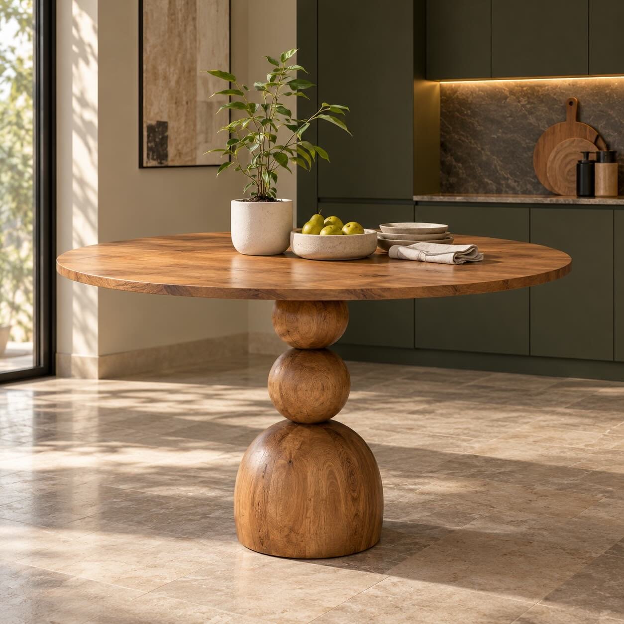 Orbelle Solid Wood Round Dining Table with Stacked Sphere Pedestal Solid Wood Round Dining Table in natural brown finish with circular tabletop and sculptural stacked wooden sphere pedestal base
