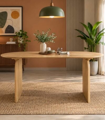 Orelvyn oval dining table for 6 with a natural solid wood finish and sculpted curved wooden legs