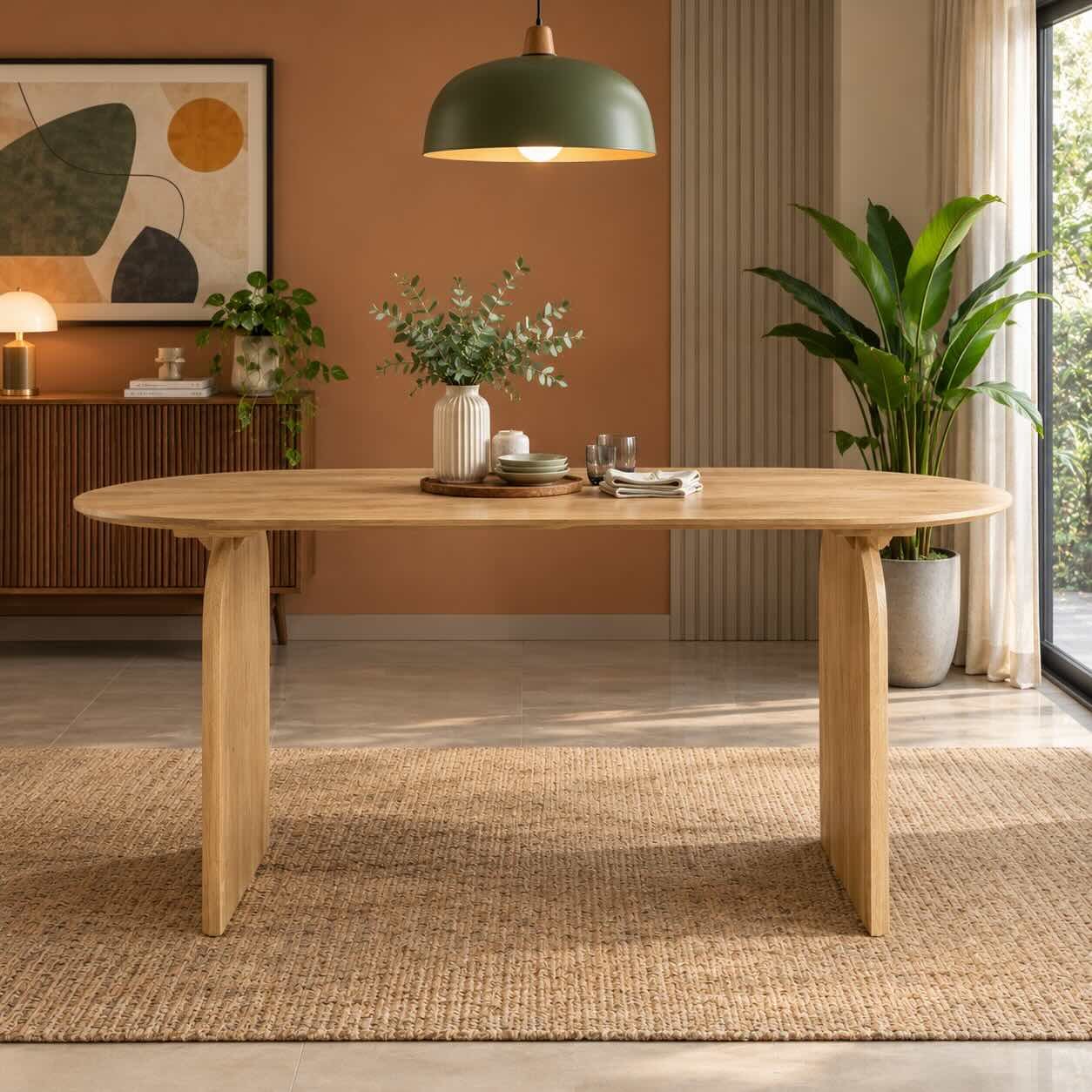 Orelvyn 6 Seater Oval Dining Table in Natural Finish Orelvyn oval dining table for 6 with a natural solid wood finish and sculpted curved wooden legs