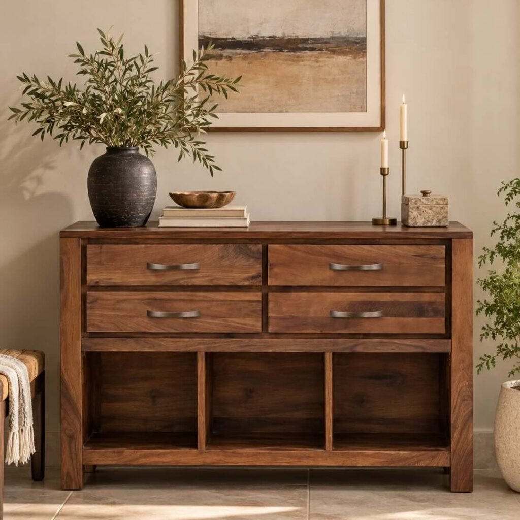 Sheesham Wood Console Table with 4 drawers and 3 basket storage shelves in natural finish.