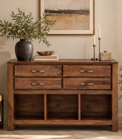 Sheesham Wood Console Table with 4 drawers and 3 basket storage shelves in natural finish.