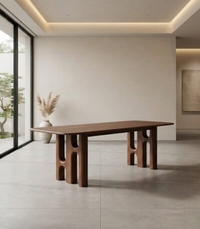 Orvello solid acacia wood six seater dining table with sculptural arch legs in natural brown finish