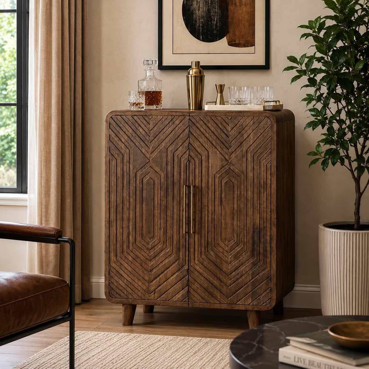 Orvessan Geometric Carved Brown Bar Cabinet Orvessan geometric carved solid wood bar cabinet with sculpted double doors in warm brown finish