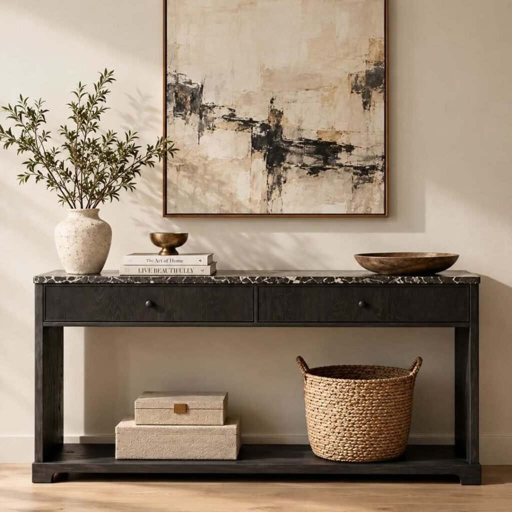 Recycled Wood Console Table with 2 drawers and black iron frame in natural finish.
