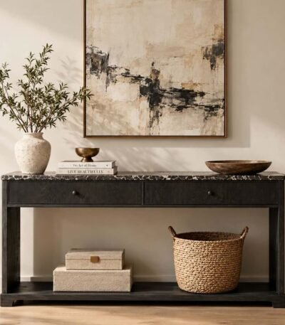 Recycled Wood Console Table with 2 drawers and black iron frame in natural finish.