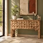 Hand Carved Mango Wood Console Table with traditional Rajasthani patterns, carved pillar legs and sand-washed natural finish.