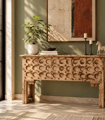 Hand Carved Mango Wood Console Table with traditional Rajasthani patterns, carved pillar legs and sand-washed natural finish.