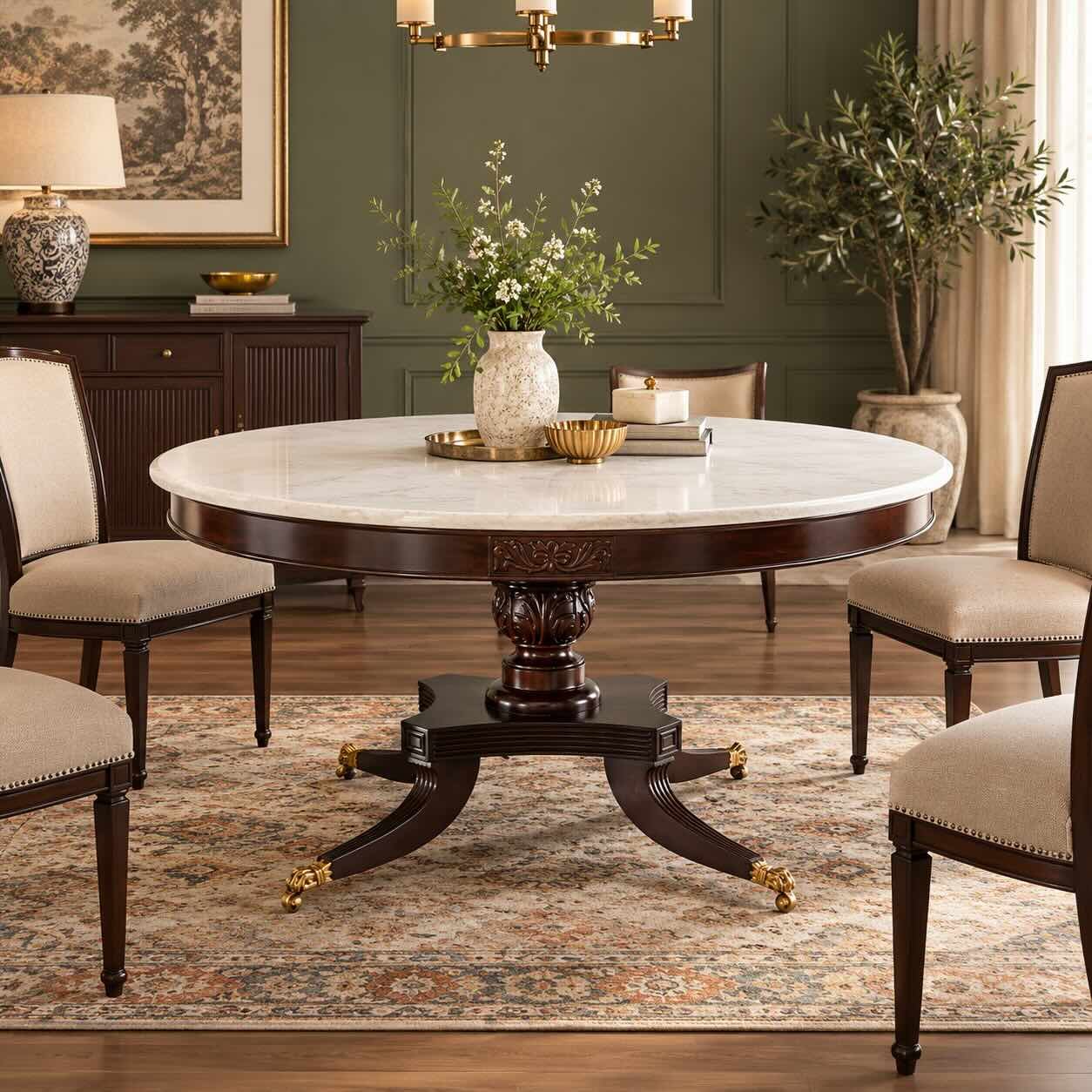 Regalwyn Rosewood Round Centre Table with Carved Pedestal and Curved Legs Rosewood Round Centre Table with light-coloured circular tabletop, carved central pedestal, curved wooden legs and brass-toned feet.