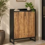 Solid Wood Shoe Cabinet with geometric carved wooden doors and contrasting matte black and natural wood finish.