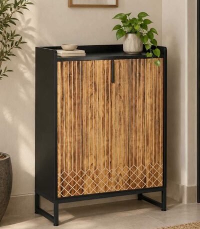 Solid Wood Shoe Cabinet with geometric carved wooden doors and contrasting matte black and natural wood finish.