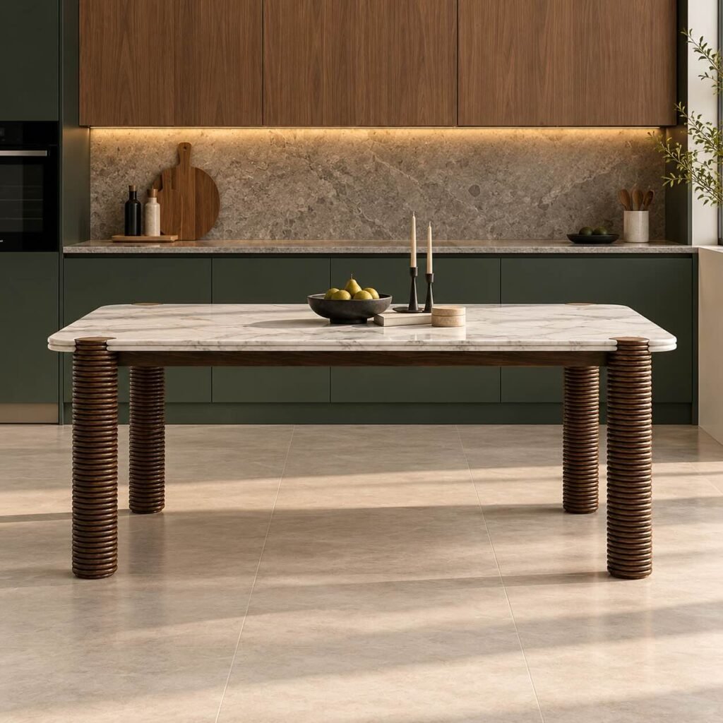 Solid Wood Marble Top Dining Table for six people with white marble surface, natural brown finish and four ribbed cylindrical wooden legs