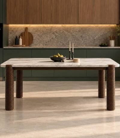 Solid Wood Marble Top Dining Table for six people with white marble surface, natural brown finish and four ribbed cylindrical wooden legs