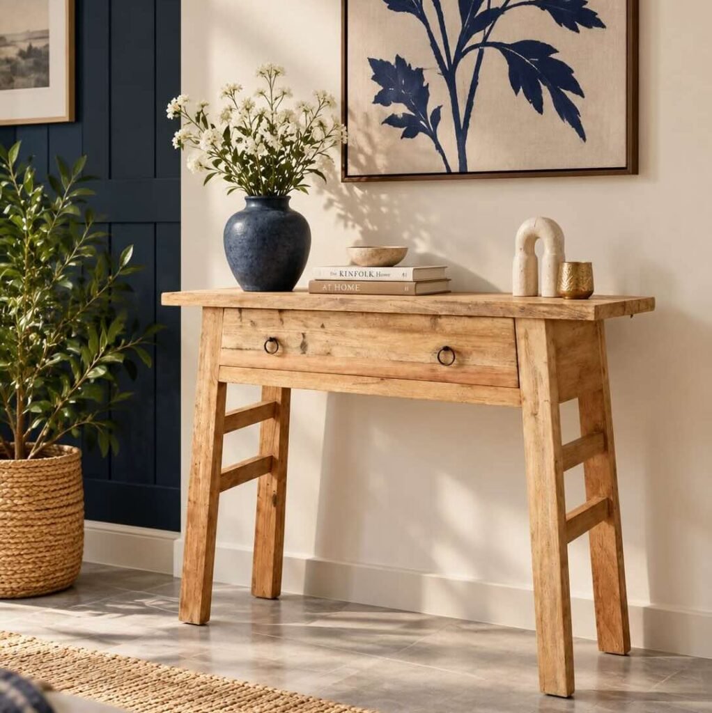 Exotic Wood Console Table with one large drawer and tapered legs in natural finish.