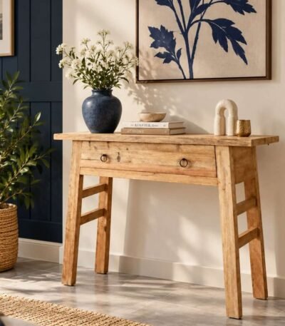 Exotic Wood Console Table with one large drawer and tapered legs in natural finish.