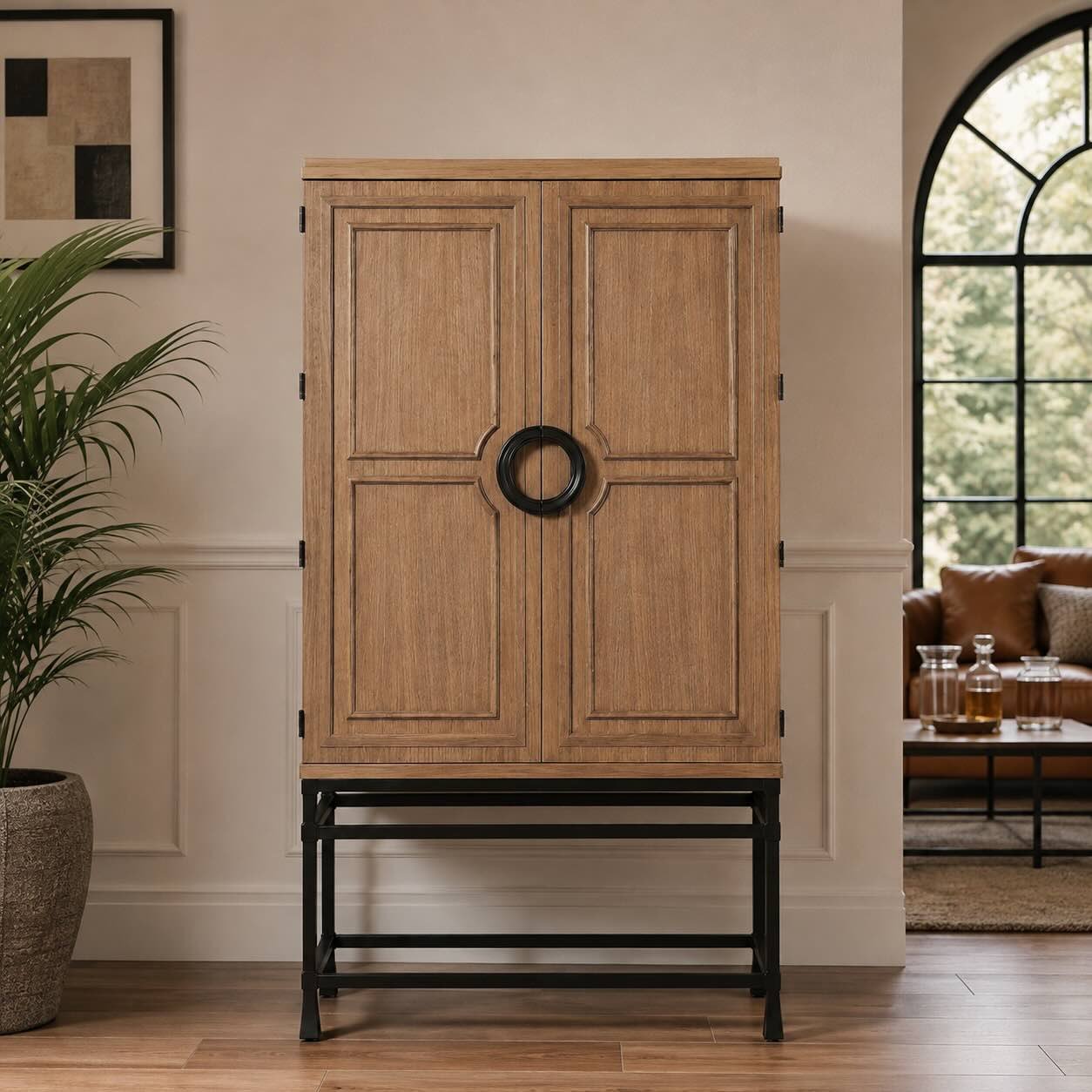 Rovellique Tall Brown Bar Cabinet with Black Metal Stand Tall brown bar cabinet with raised panel double doors, circular black handle, and sturdy black metal stand.