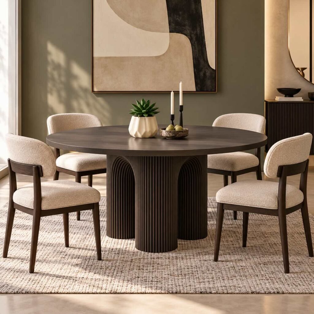 Solid Wood Round Dining Table in black finish with circular tabletop and three fluted arched pedestal supports
