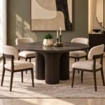 Solid Wood Round Dining Table in black finish with circular tabletop and three fluted arched pedestal supports