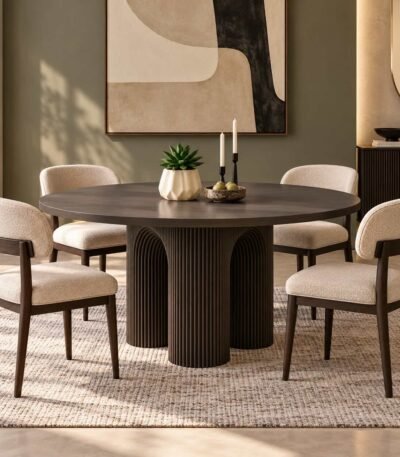 Solid Wood Round Dining Table in black finish with circular tabletop and three fluted arched pedestal supports