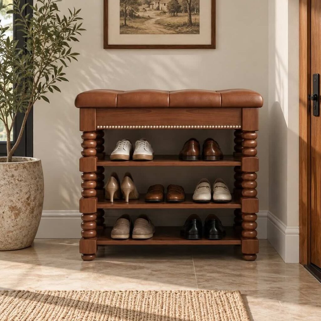Solid Wood Shoe Rack with 3-tier open storage, bench top and turned-wood detailing in brown finish.
