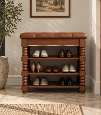 Solid Wood Shoe Rack with 3-tier open storage, bench top and turned-wood detailing in brown finish.