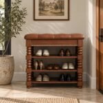 Solid Wood Shoe Rack with 3-tier open storage, bench top and turned-wood detailing in brown finish.