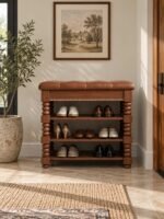 Solid Wood Shoe Rack with 3-tier open storage, bench top and turned-wood detailing in brown finish.