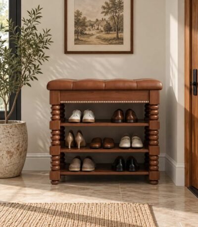 Solid Wood Shoe Rack with 3-tier open storage, bench top and turned-wood detailing in brown finish.