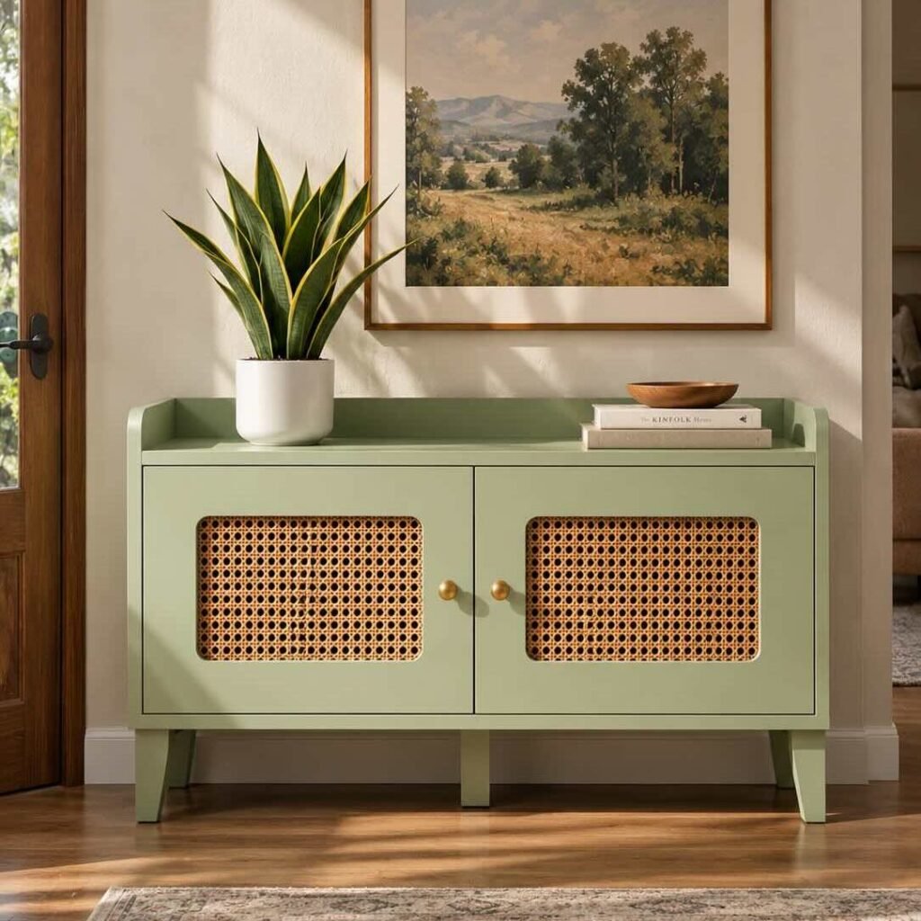 Rattan Shoe Cabinet with two natural woven doors, interior shoe storage and sage green solid wood frame.