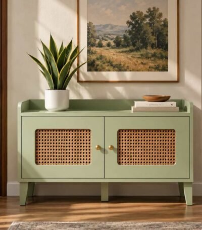 Rattan Shoe Cabinet with two natural woven doors, interior shoe storage and sage green solid wood frame.