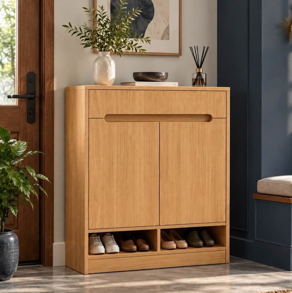 Solid Wood Shoe Cabinet with dual doors and lower open storage in natural finish.