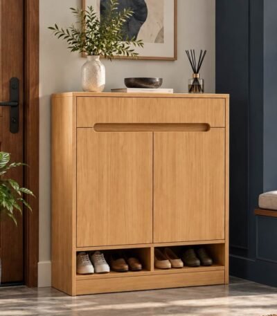 Solid Wood Shoe Cabinet with dual doors and lower open storage in natural finish.