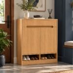 Solid Wood Shoe Cabinet with dual doors and lower open storage in natural finish.
