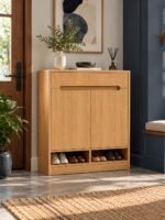 Solid Wood Shoe Cabinet with dual doors and lower open storage in natural finish.