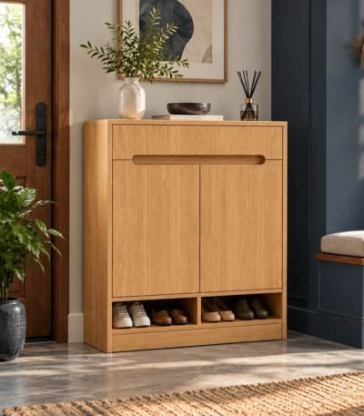 Solid Wood Shoe Cabinet with dual doors and lower open storage in natural finish.