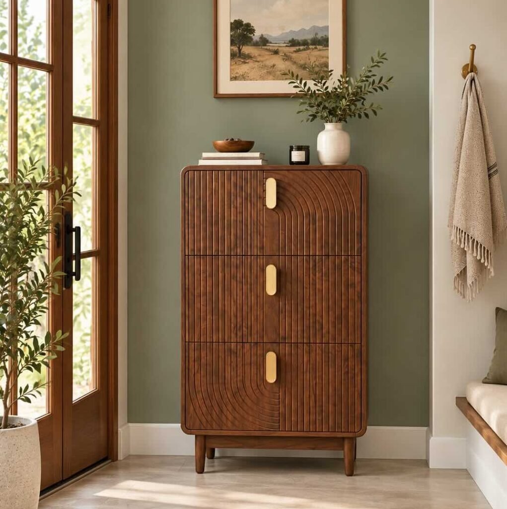 Solid Wood Shoe Cabinet with 3-tier fluted design in dark brown finish.