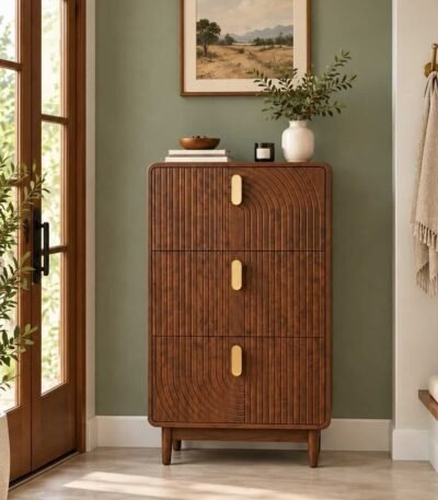 Solid Wood Shoe Cabinet with 3-tier fluted design in dark brown finish.