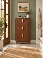 Solid Wood Shoe Cabinet with 3-tier fluted design in dark brown finish