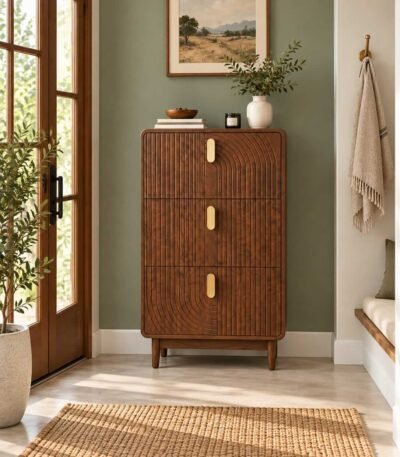 Solid Wood Shoe Cabinet with 3-tier fluted design in dark brown finish