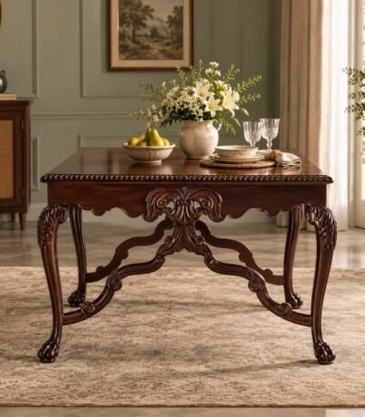 Scrollhaven Carved Rosewood Dining Table with rectangular top, ornate floral apron, cabriole legs and natural/gold finish.