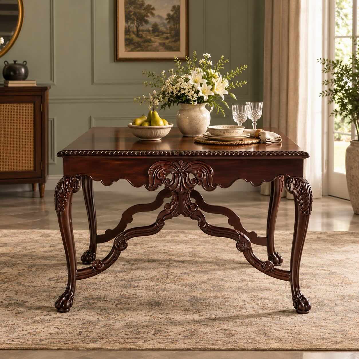Scrollhaven Carved Rosewood Dining Table with Ornate Floral Detailing Scrollhaven Carved Rosewood Dining Table with rectangular top, ornate floral apron, cabriole legs and natural/gold finish.
