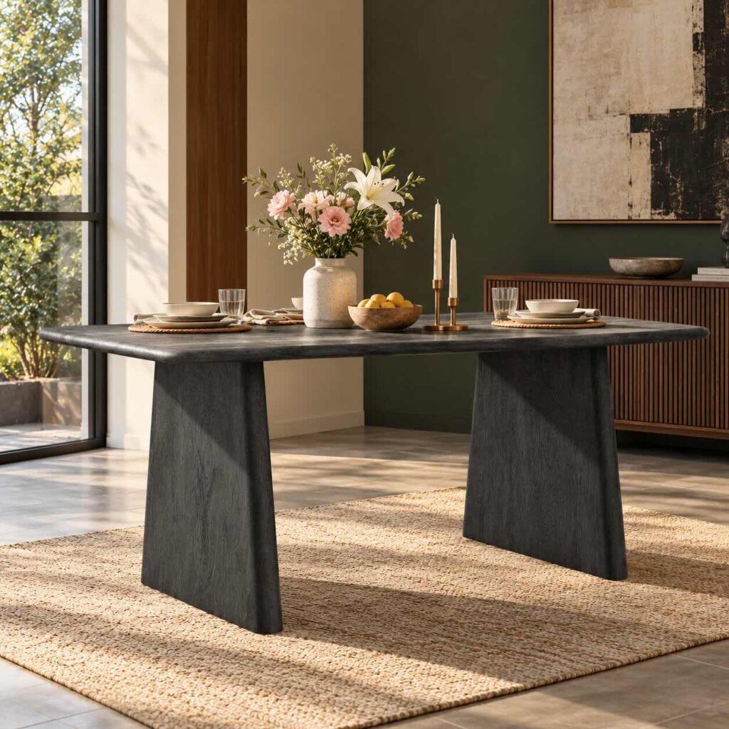 Slatepier Grey Mango Wood Dining Table with rounded rectangular top, sculptural panel legs and bleach grey finish.