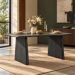 Slatepier Grey Mango Wood Dining Table with rounded rectangular top, sculptural panel legs and bleach grey finish.