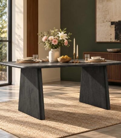 Slatepier Grey Mango Wood Dining Table with rounded rectangular top, sculptural panel legs and bleach grey finish.