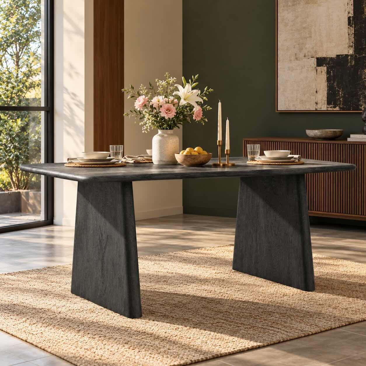 Slatepier Grey Mango Wood Dining Table – 6 Seater Slatepier Grey Mango Wood Dining Table with rounded rectangular top, sculptural panel legs and bleach grey finish.