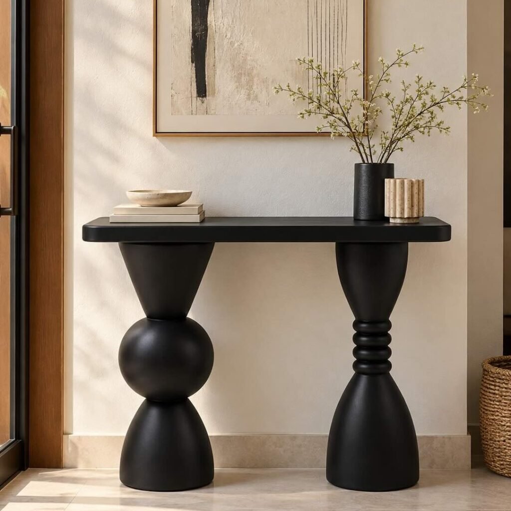 Solid Wood Console Table with sculptural geometric legs in black finish.